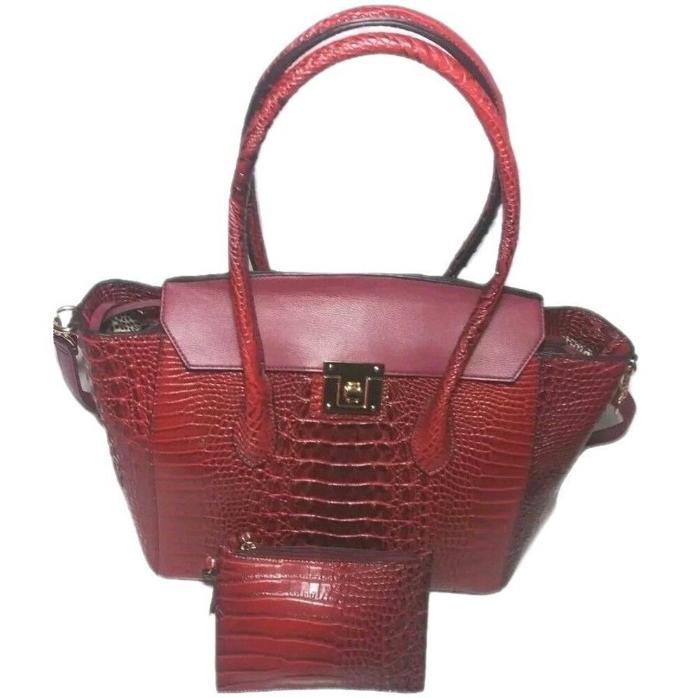 Red Croco Embossed Satchel Large Handbag & Wallet Set